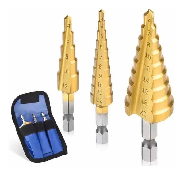 Set Brocas Conicas de Paso (3-12) (4-12) (4-20)mm Hss